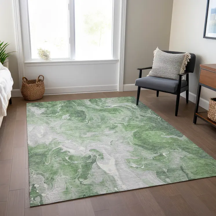 10' X 14' Green And Ivory Abstract Washable Indoor Outdoor Area Rug