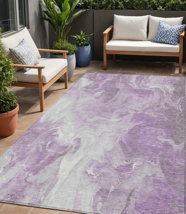 5' X 8' Lavender And Ivory Abstract Washable Indoor Outdoor Area Rug