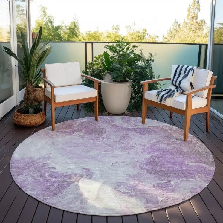 8' Lavender And Ivory Round Abstract Washable Indoor Outdoor Area Rug