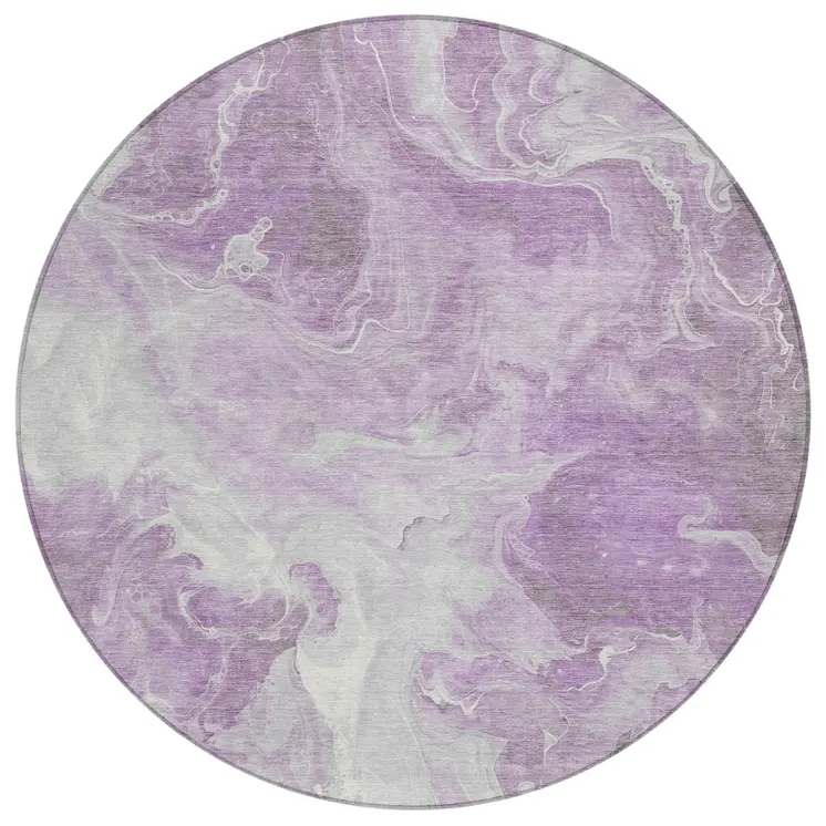 8' Lavender And Ivory Round Abstract Washable Indoor Outdoor Area Rug