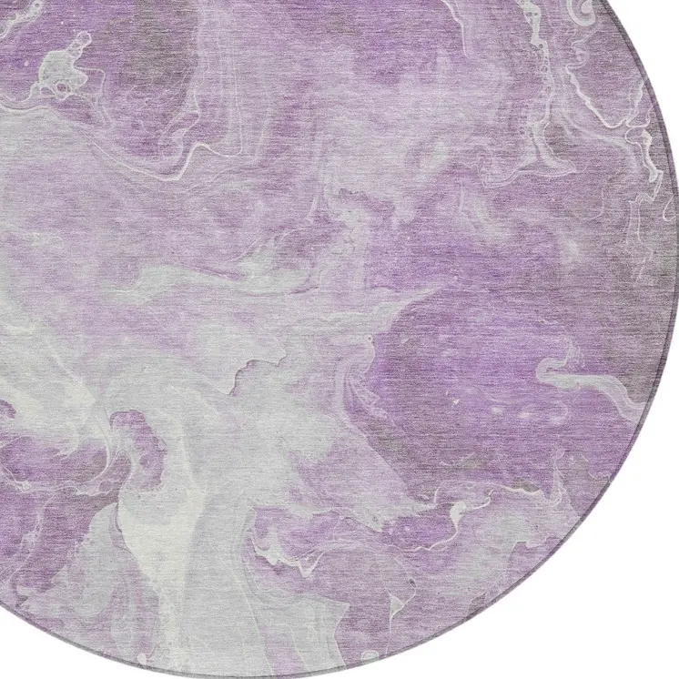 8' Lavender And Ivory Round Abstract Washable Indoor Outdoor Area Rug