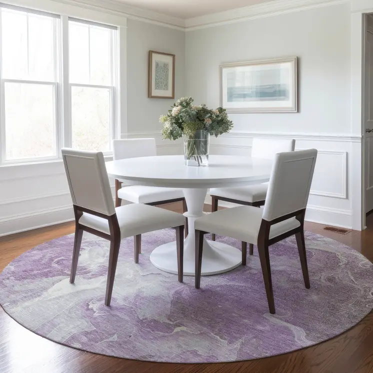 8' Lavender And Ivory Round Abstract Washable Indoor Outdoor Area Rug