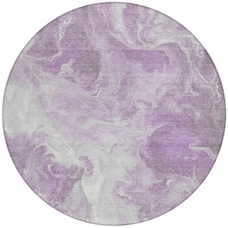 8' Lavender And Ivory Round Abstract Washable Indoor Outdoor Area Rug