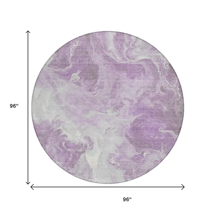 8' Lavender And Ivory Round Abstract Washable Indoor Outdoor Area Rug