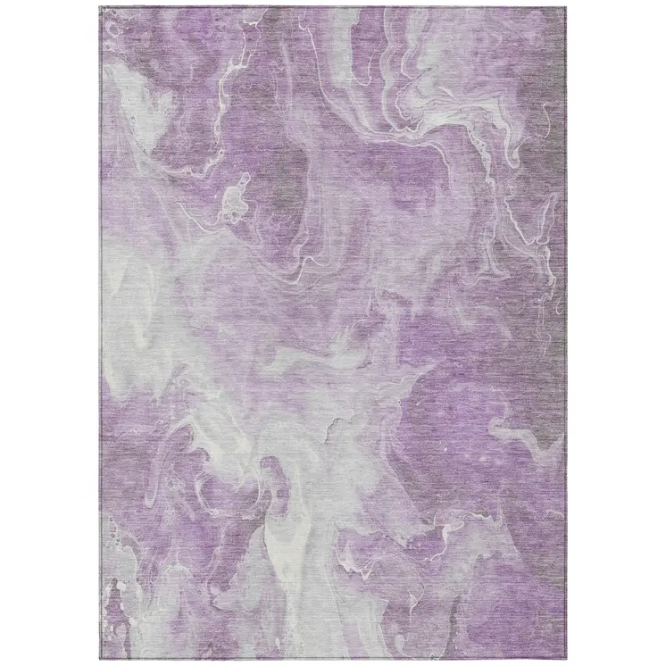 9' X 12' Lavender And Ivory Abstract Washable Indoor Outdoor Area Rug