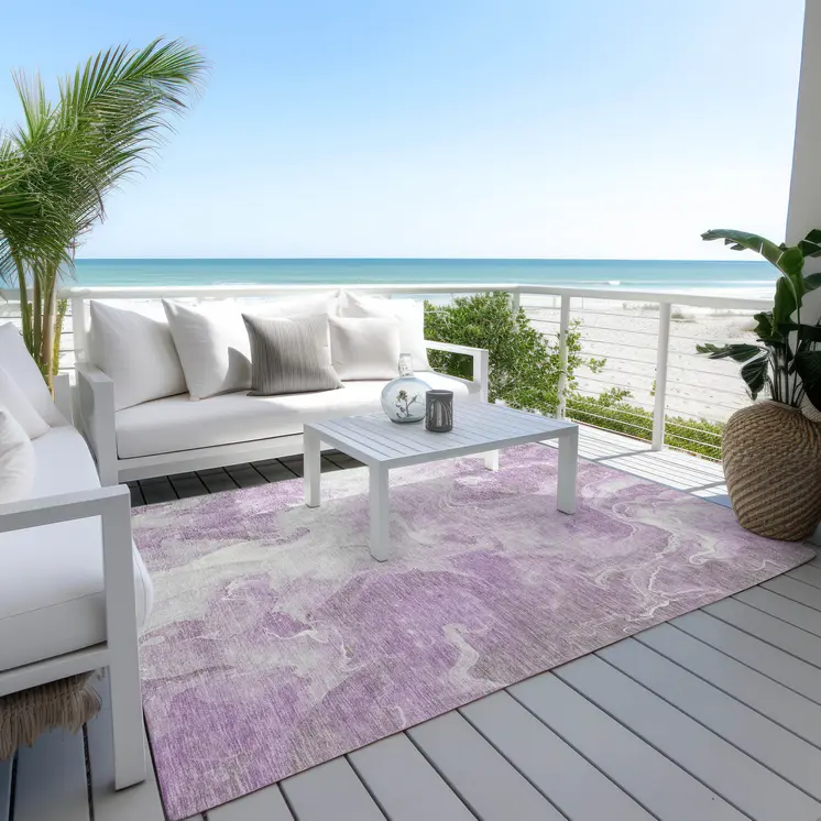 10' X 14' Lavender And Ivory Abstract Washable Indoor Outdoor Area Rug