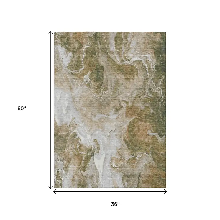 3' X 5' Brown And Ivory Abstract Washable Indoor Outdoor Area Rug