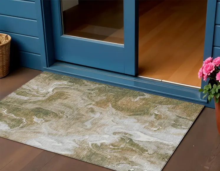3' X 5' Brown And Ivory Abstract Washable Indoor Outdoor Area Rug