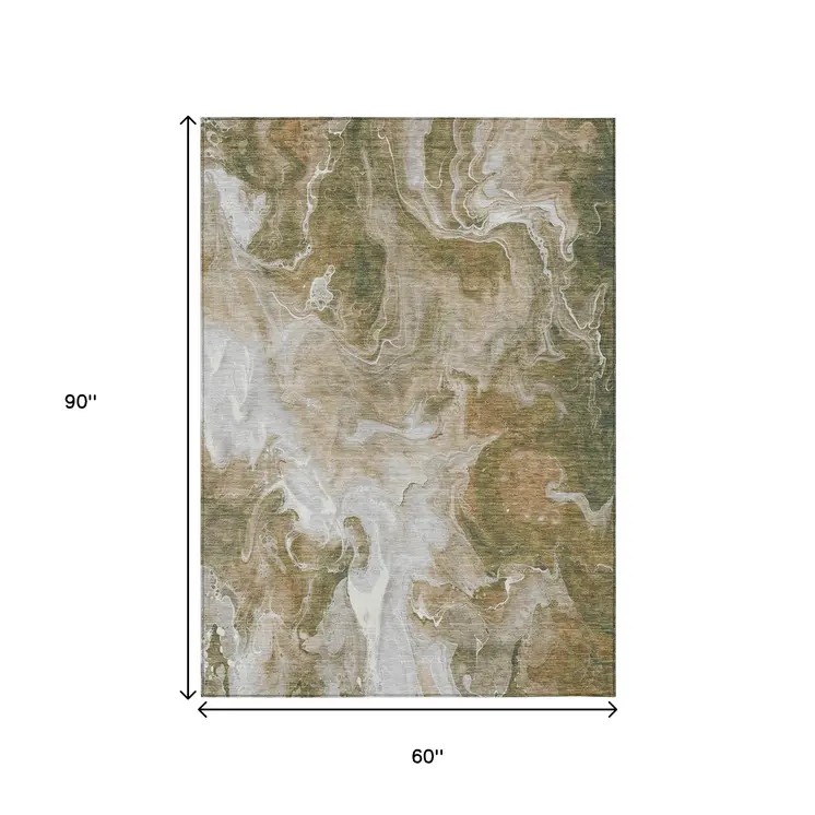 5' X 8' Brown And Ivory Abstract Washable Indoor Outdoor Area Rug