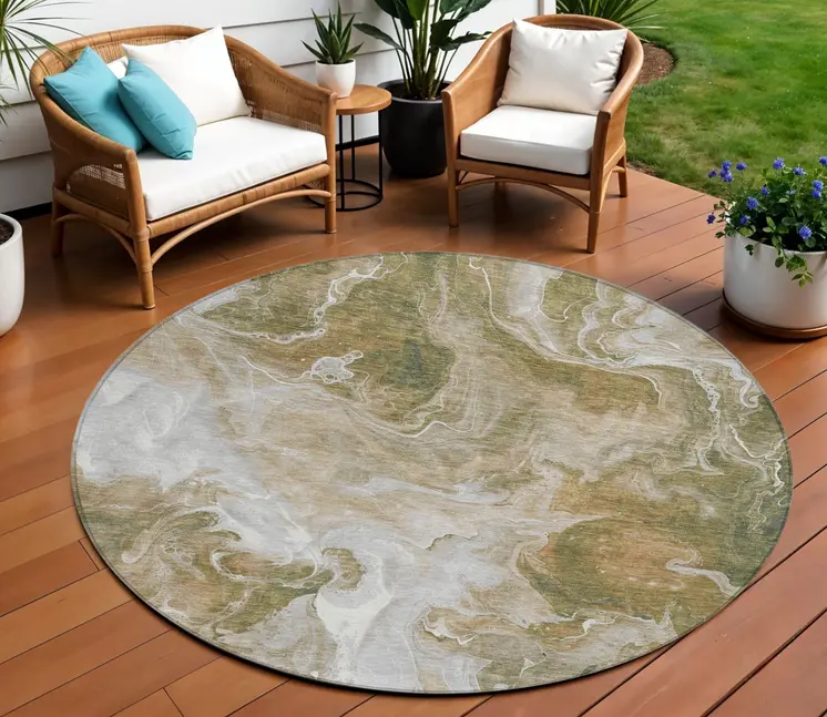 8' Brown And Ivory Round Abstract Washable Indoor Outdoor Area Rug