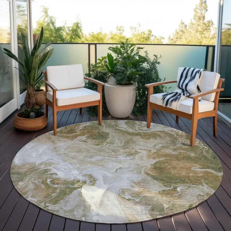 8' Brown And Ivory Round Abstract Washable Indoor Outdoor Area Rug