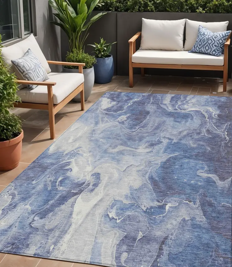 5' X 8' Navy Blue And Ivory Abstract Washable Indoor Outdoor Area Rug