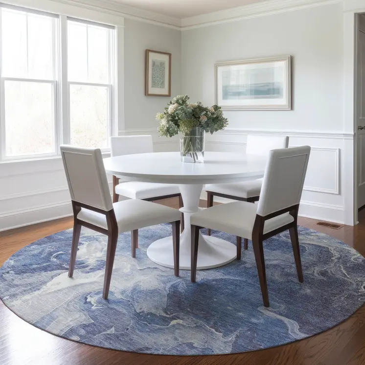 8' Navy Blue And Ivory Round Abstract Washable Indoor Outdoor Area Rug