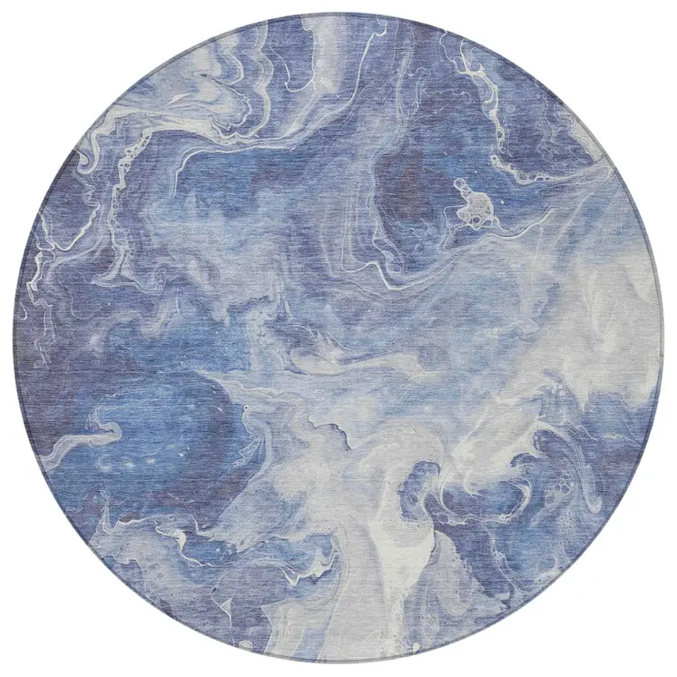 8' Navy Blue And Ivory Round Abstract Washable Indoor Outdoor Area Rug