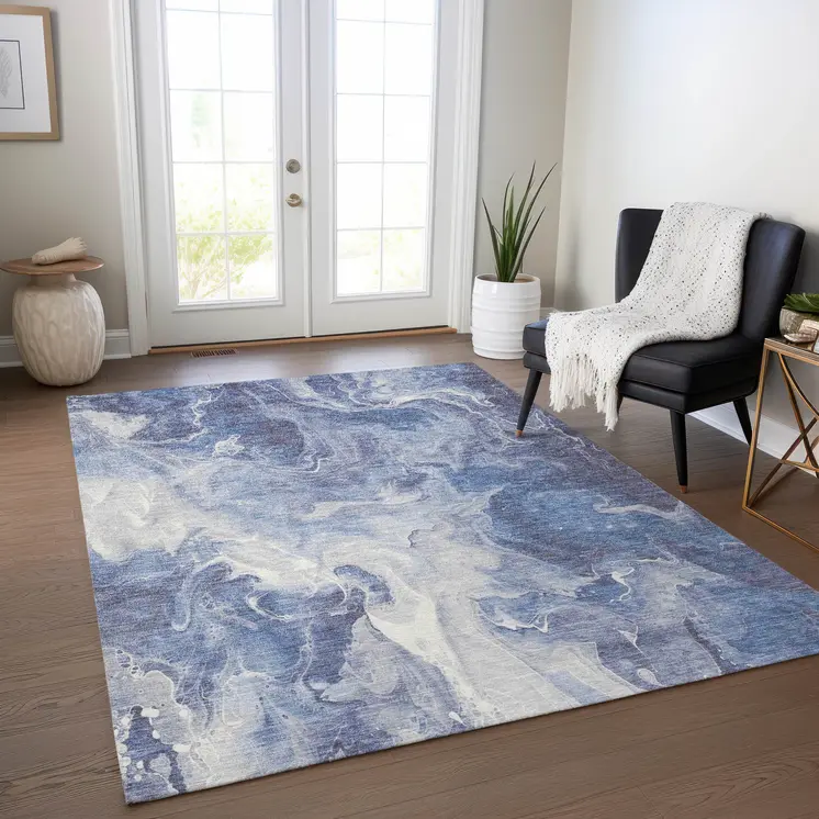 8' X 10' Navy Blue And Ivory Abstract Washable Indoor Outdoor Area Rug