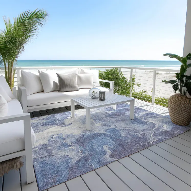 9' X 12' Navy Blue And Ivory Abstract Washable Indoor Outdoor Area Rug