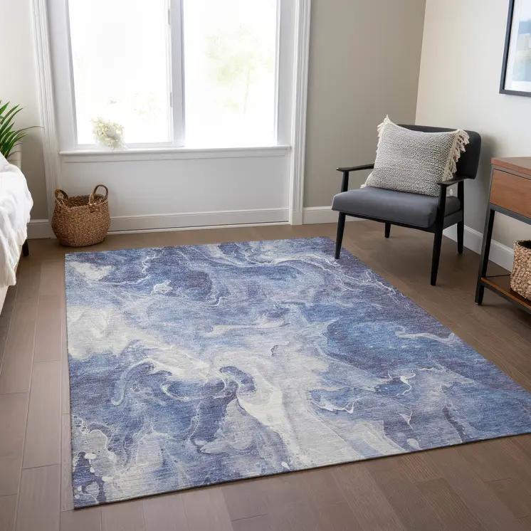 9' X 12' Navy Blue And Ivory Abstract Washable Indoor Outdoor Area Rug
