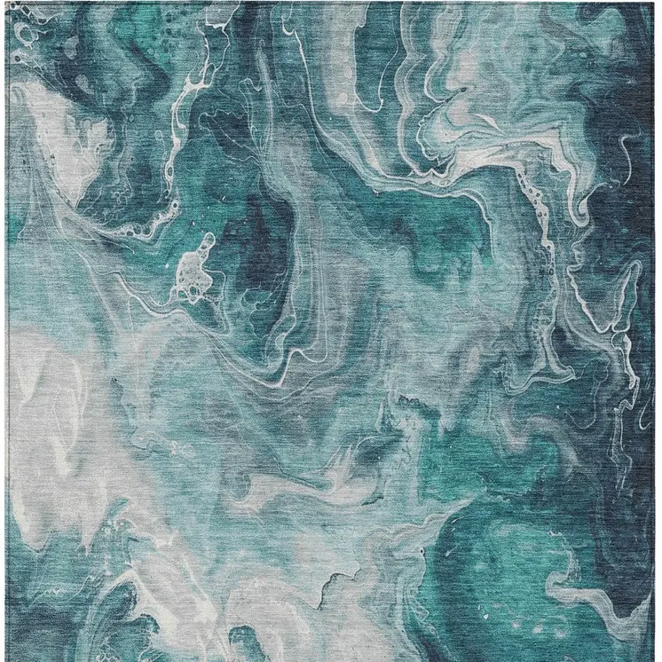 3' X 5' Teal Blue And Ivory Abstract Washable Indoor Outdoor Area Rug