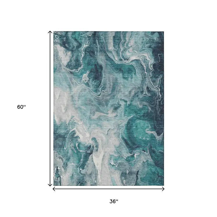 3' X 5' Teal Blue And Ivory Abstract Washable Indoor Outdoor Area Rug