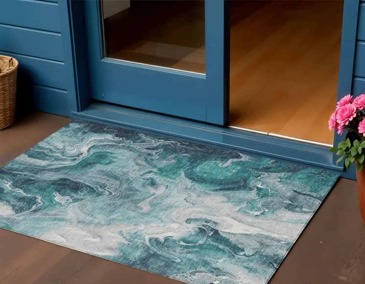 3' X 5' Teal Blue And Ivory Abstract Washable Indoor Outdoor Area Rug