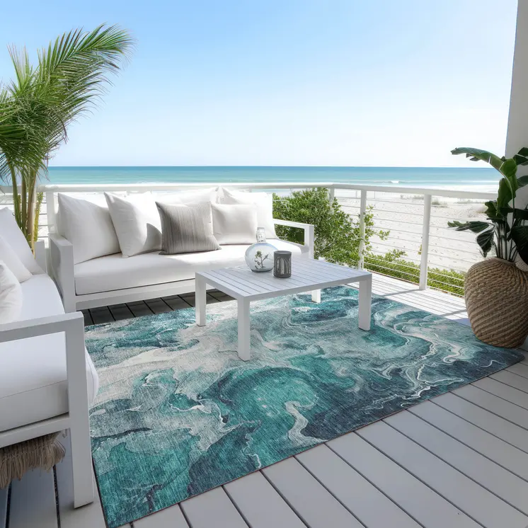 3' X 5' Teal Blue And Ivory Abstract Washable Indoor Outdoor Area Rug
