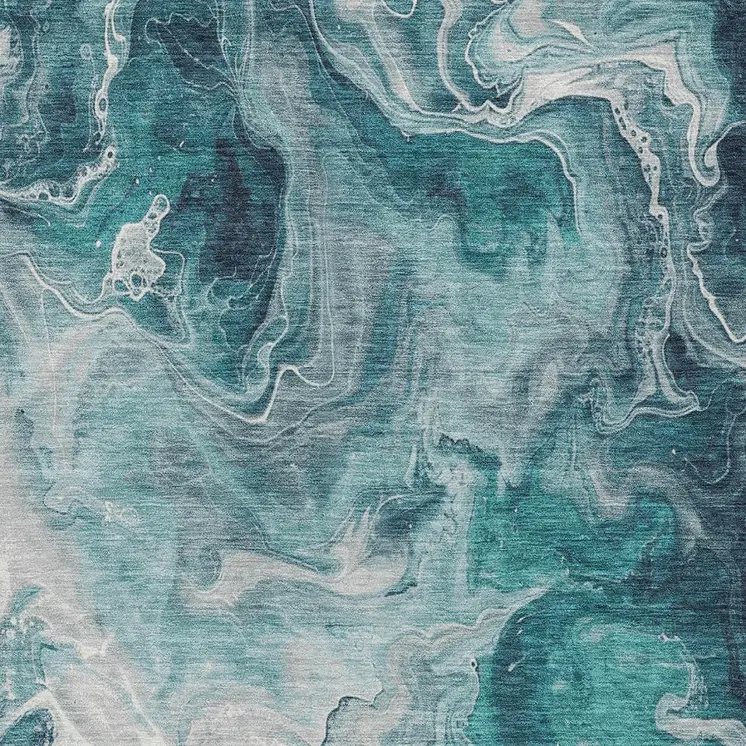3' X 5' Teal Blue And Ivory Abstract Washable Indoor Outdoor Area Rug