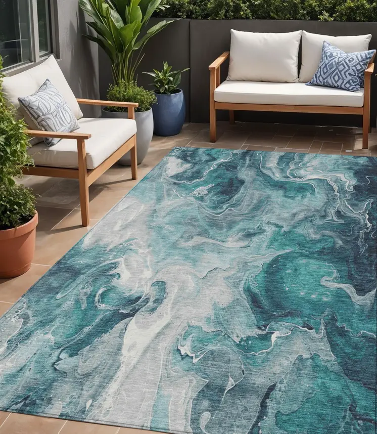 5' X 8' Teal Blue And Ivory Abstract Washable Indoor Outdoor Area Rug