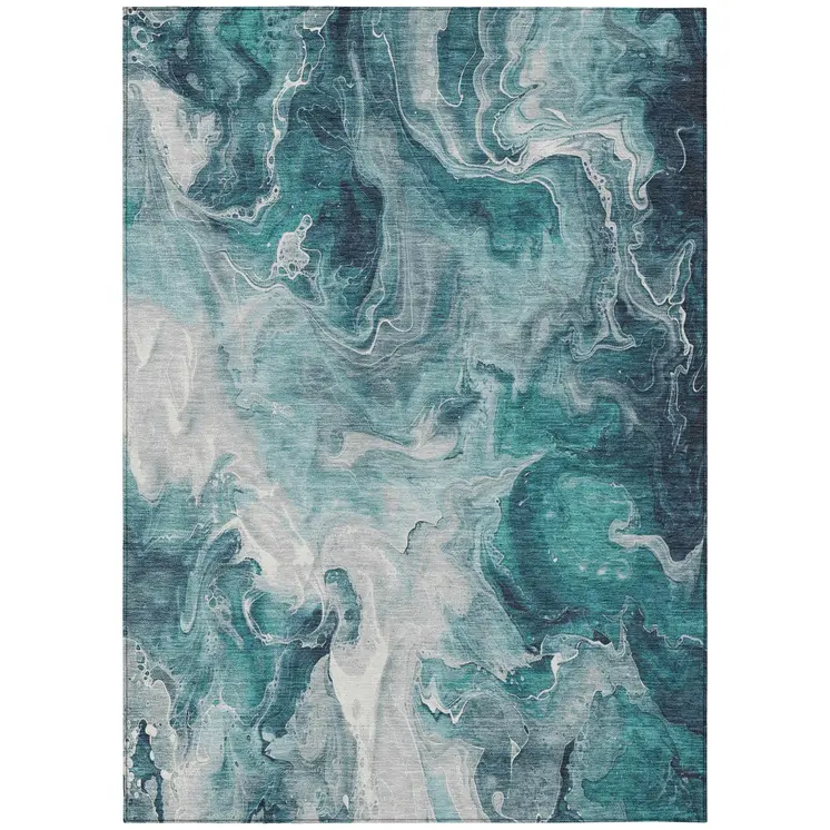 5' X 8' Teal Blue And Ivory Abstract Washable Indoor Outdoor Area Rug