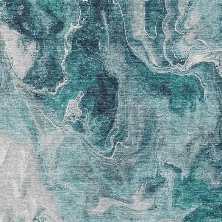 5' X 8' Teal Blue And Ivory Abstract Washable Indoor Outdoor Area Rug