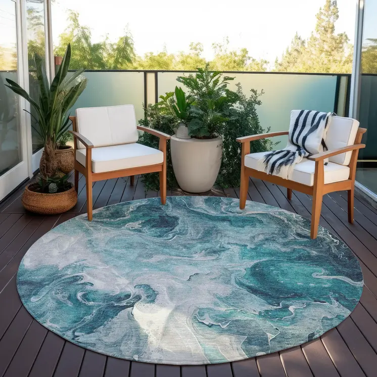 8' Teal Blue And Ivory Round Abstract Washable Indoor Outdoor Area Rug