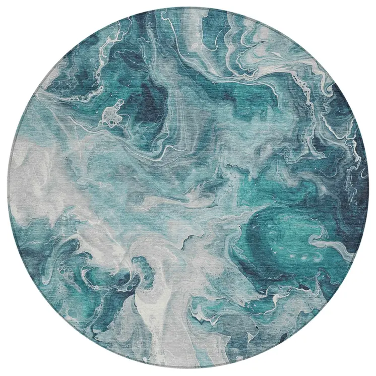 8' Teal Blue And Ivory Round Abstract Washable Indoor Outdoor Area Rug