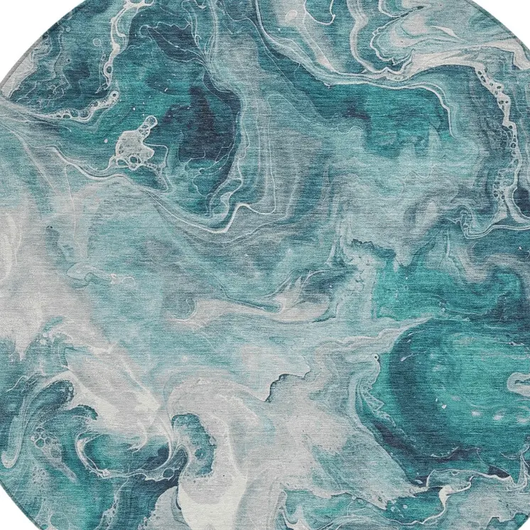 8' Teal Blue And Ivory Round Abstract Washable Indoor Outdoor Area Rug
