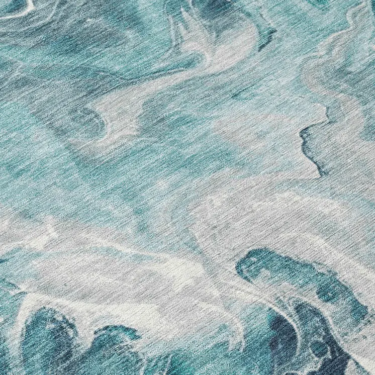 8' Teal Blue And Ivory Round Abstract Washable Indoor Outdoor Area Rug