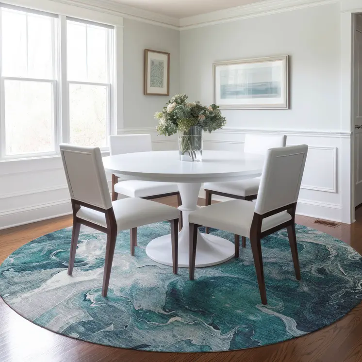 8' Teal Blue And Ivory Round Abstract Washable Indoor Outdoor Area Rug