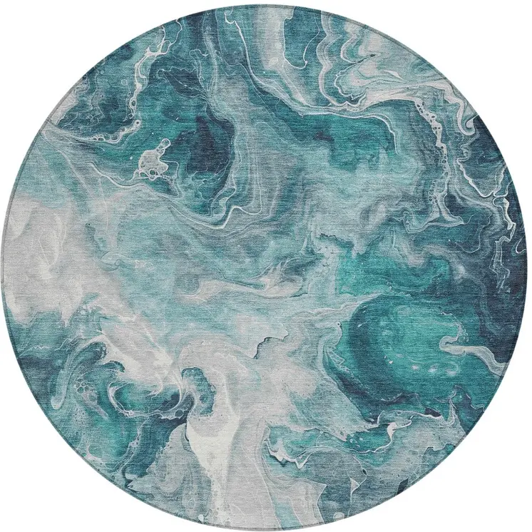 8' Teal Blue And Ivory Round Abstract Washable Indoor Outdoor Area Rug