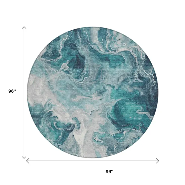 8' Teal Blue And Ivory Round Abstract Washable Indoor Outdoor Area Rug