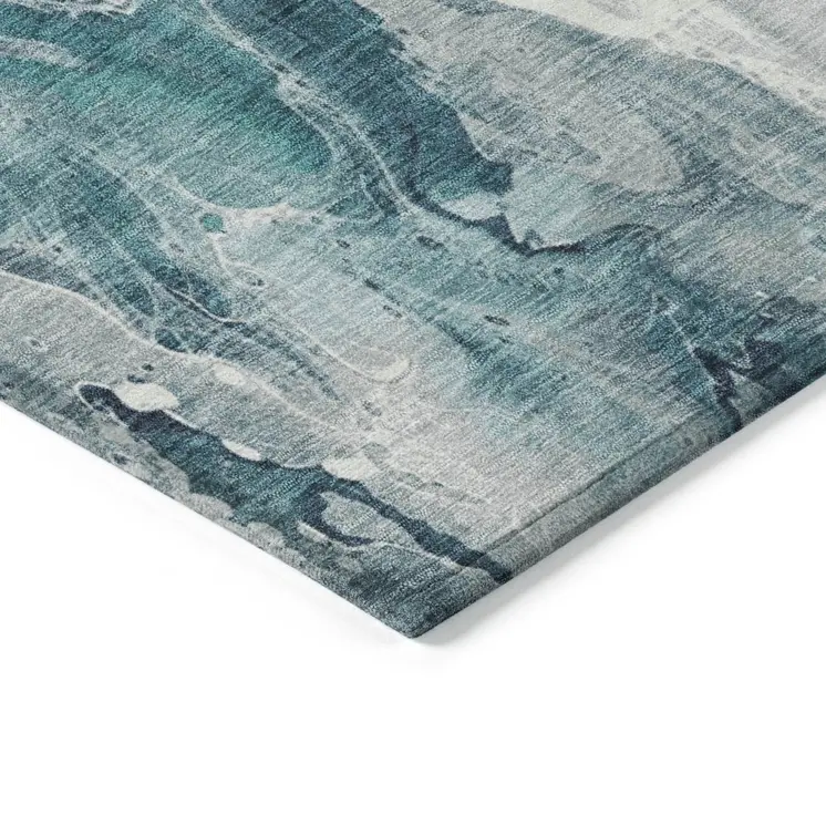 10' X 14' Teal Blue And Ivory Abstract Washable Indoor Outdoor Area Rug