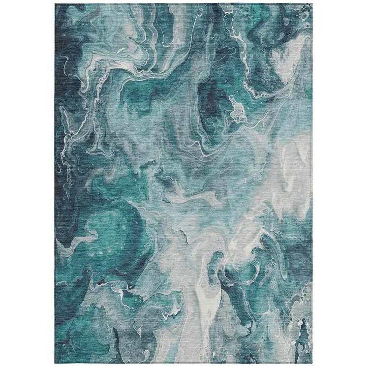 10' X 14' Teal Blue And Ivory Abstract Washable Indoor Outdoor Area Rug