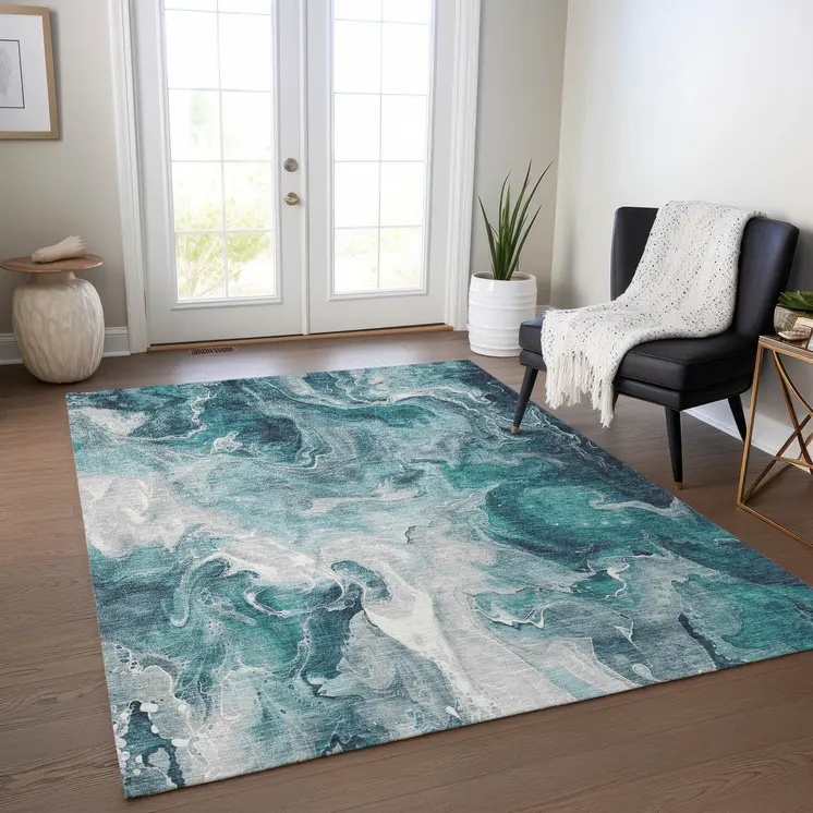 10' X 14' Teal Blue And Ivory Abstract Washable Indoor Outdoor Area Rug