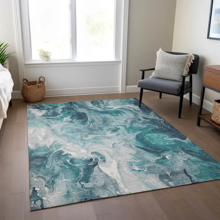 10' X 14' Teal Blue And Ivory Abstract Washable Indoor Outdoor Area Rug