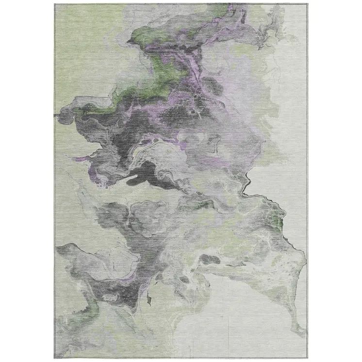 3' X 5' Artichoke Green Lavender And Ivory Abstract Washable Indoor Outdoor Area Rug