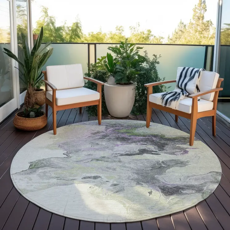 8' Artichoke Green Lavender And Ivory Round Abstract Washable Indoor Outdoor Area Rug