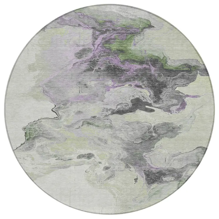 8' Artichoke Green Lavender And Ivory Round Abstract Washable Indoor Outdoor Area Rug