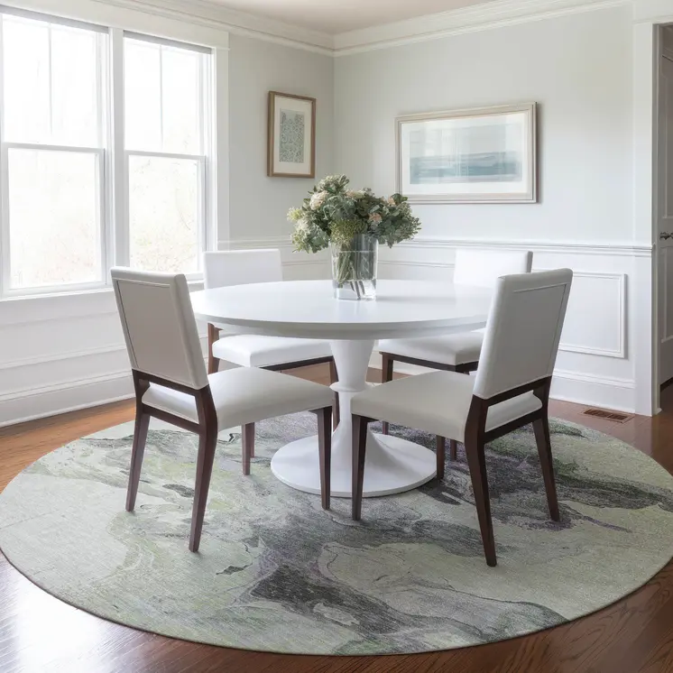 8' Artichoke Green Lavender And Ivory Round Abstract Washable Indoor Outdoor Area Rug