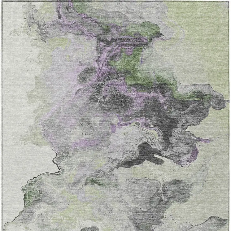 8' X 10' Artichoke Green Lavender And Ivory Abstract Washable Indoor Outdoor Area Rug