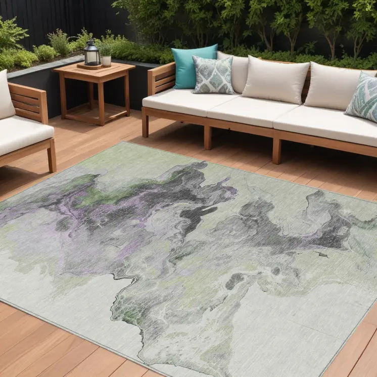 8' X 10' Artichoke Green Lavender And Ivory Abstract Washable Indoor Outdoor Area Rug
