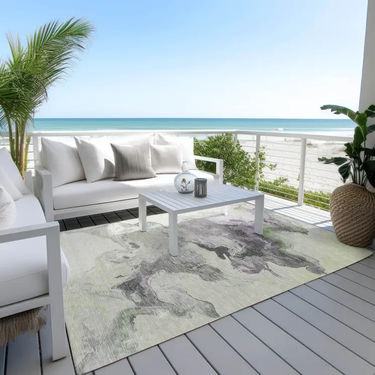 8' X 10' Artichoke Green Lavender And Ivory Abstract Washable Indoor Outdoor Area Rug