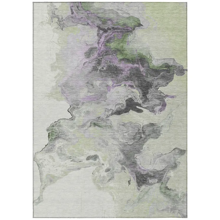 8' X 10' Artichoke Green Lavender And Ivory Abstract Washable Indoor Outdoor Area Rug
