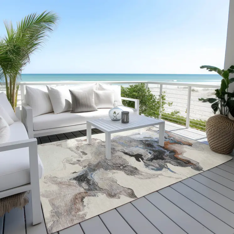 5' X 8' Beige Gray And Copper Abstract Washable Indoor Outdoor Area Rug