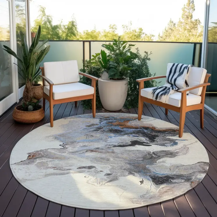 8' Beige Gray And Copper Round Abstract Washable Indoor Outdoor Area Rug